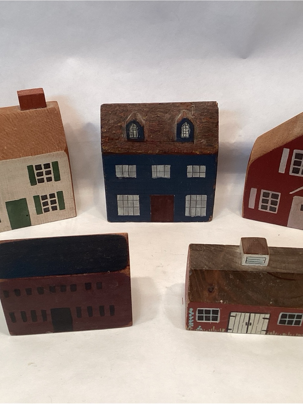 Primitive Folk Art Wood Block Village Houses School Barn Set 5 Of Handmade - Picture 2 of 5